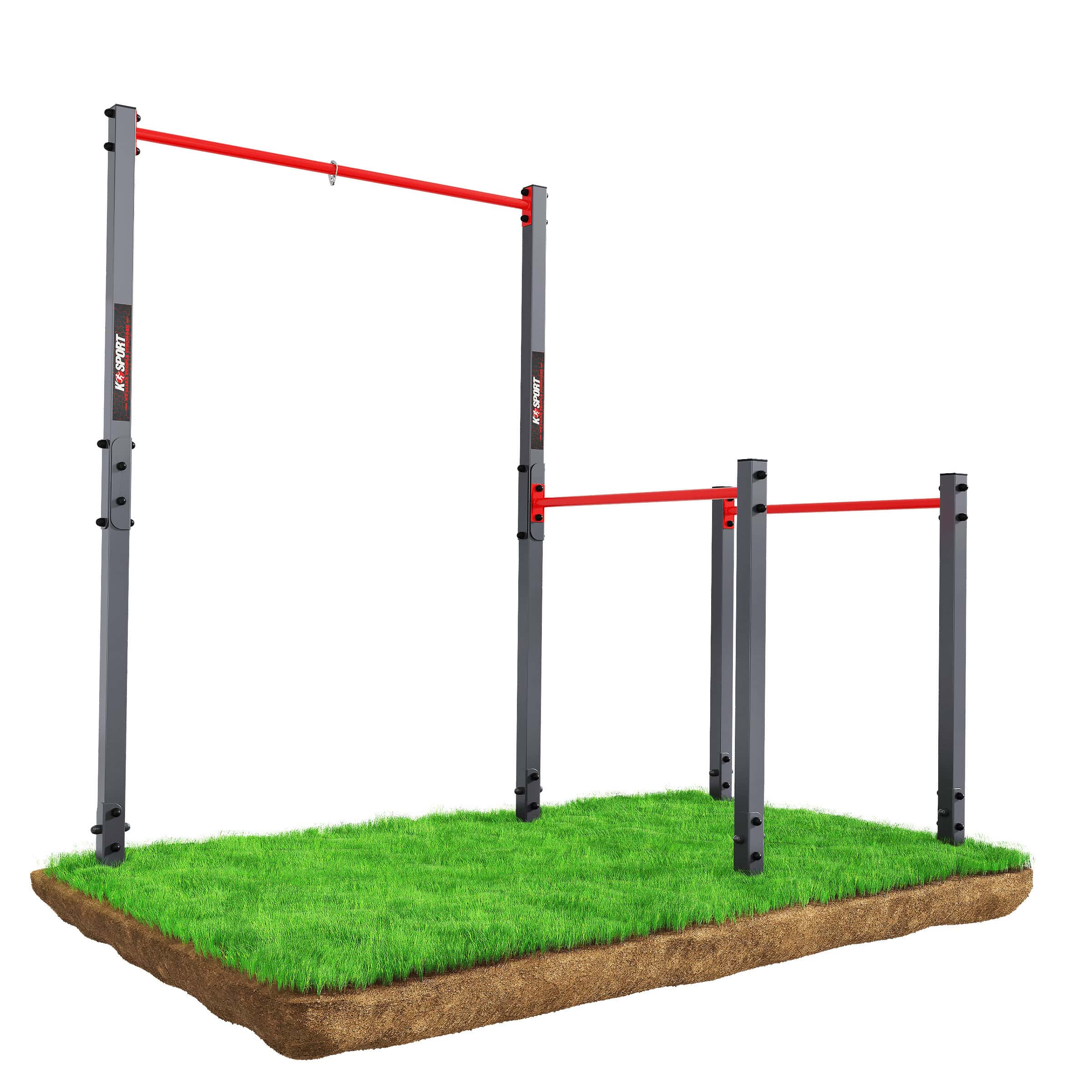 Outdoor pull-up and dip station with two red training bars on grass – durable garden fitness equipment