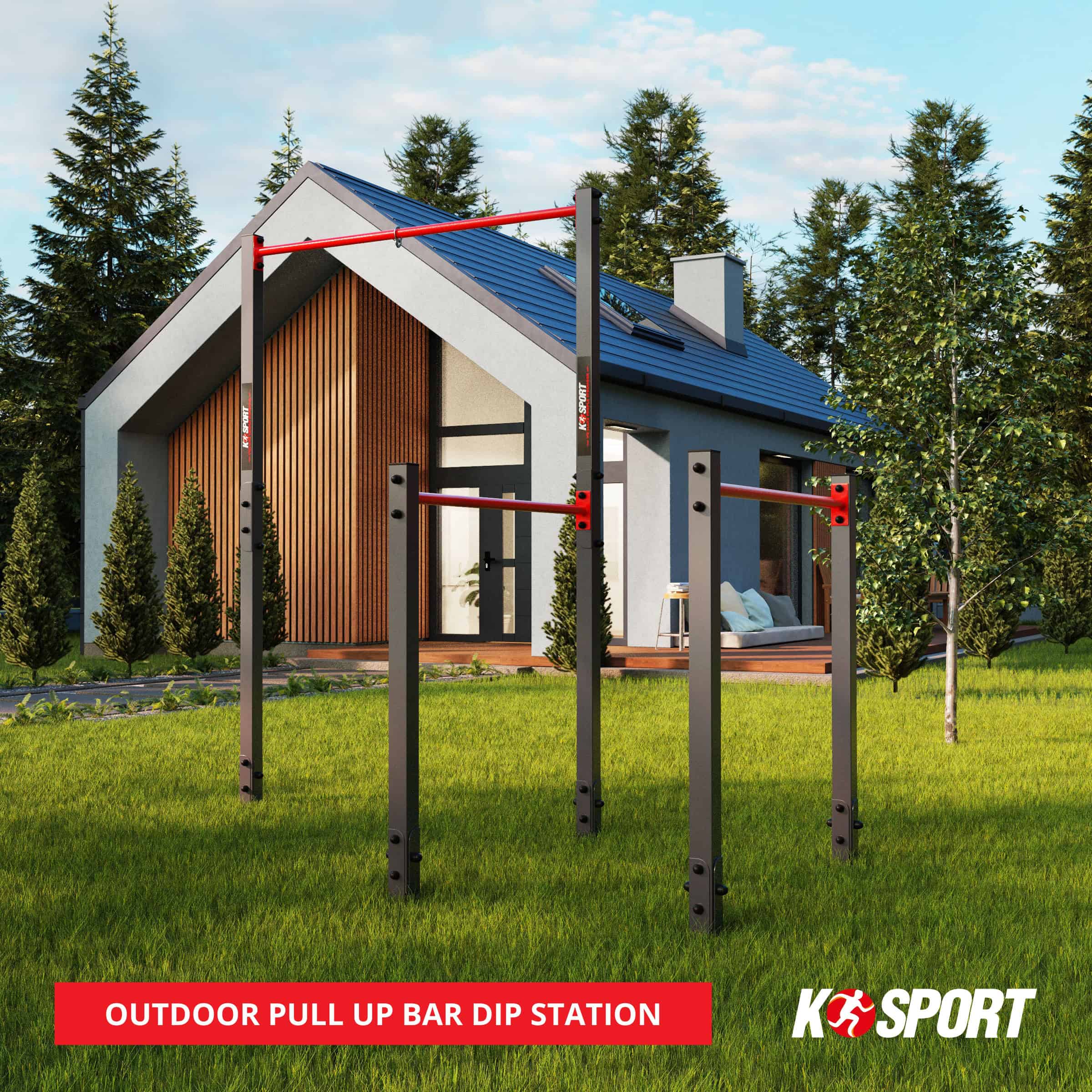Outdoor pull-up bar and dip station in a garden in front of a modern house – K-Sport fitness equipment