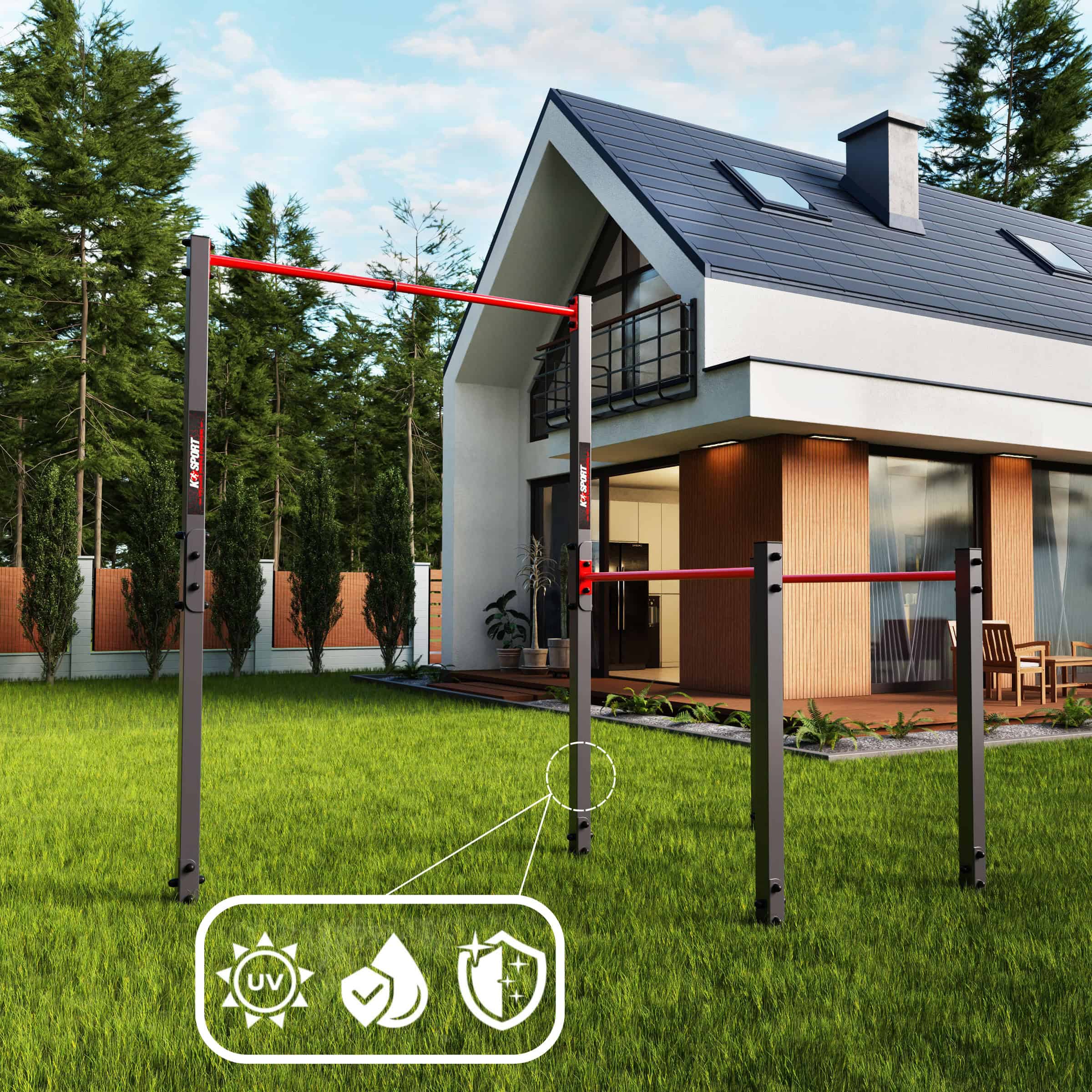 Outdoor pull-up and dip station in a backyard with modern house – weather-resistant, UV-protected, and durable fitness equipment