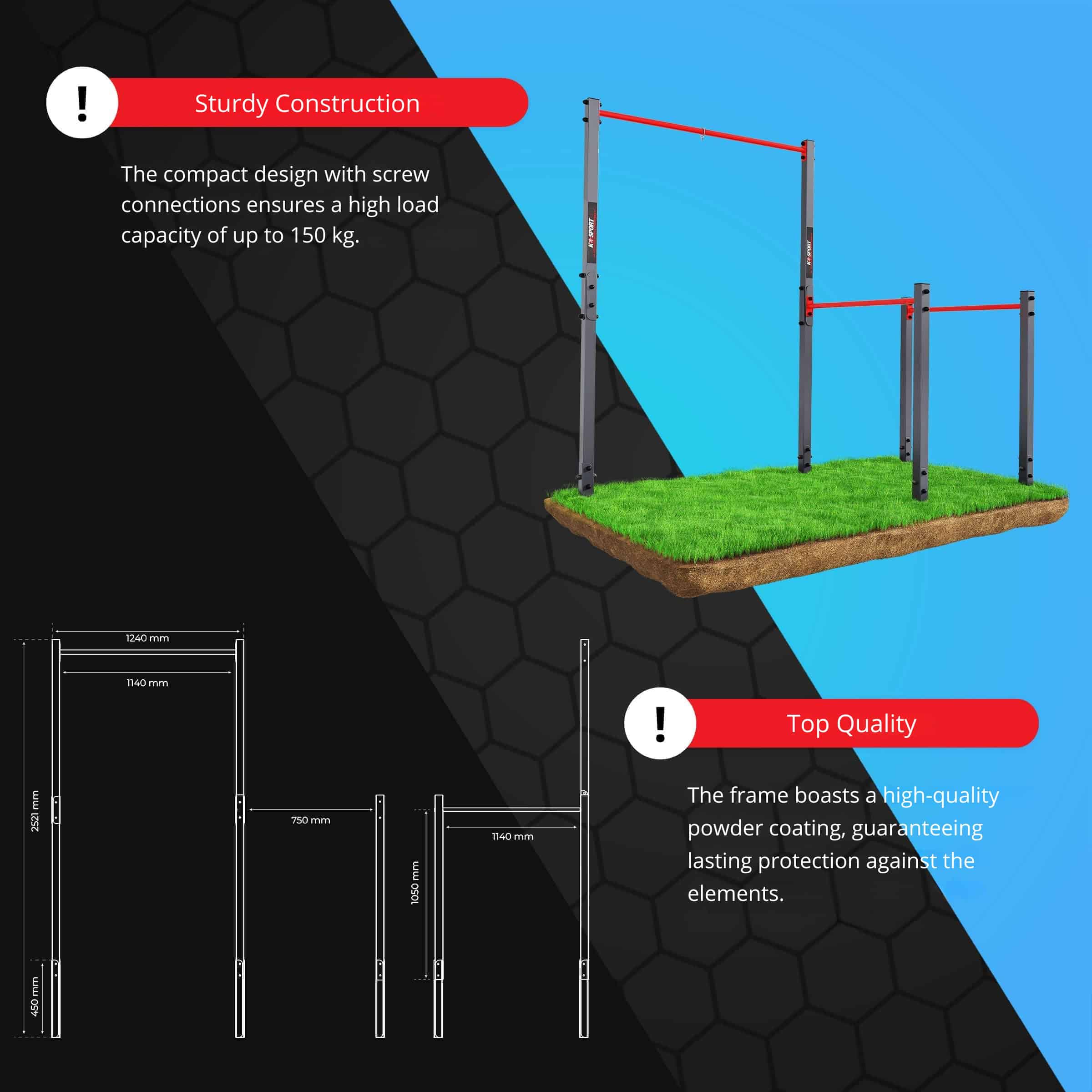 Close-up of red pull-up bar with metal bracket – weather-resistant powder coating