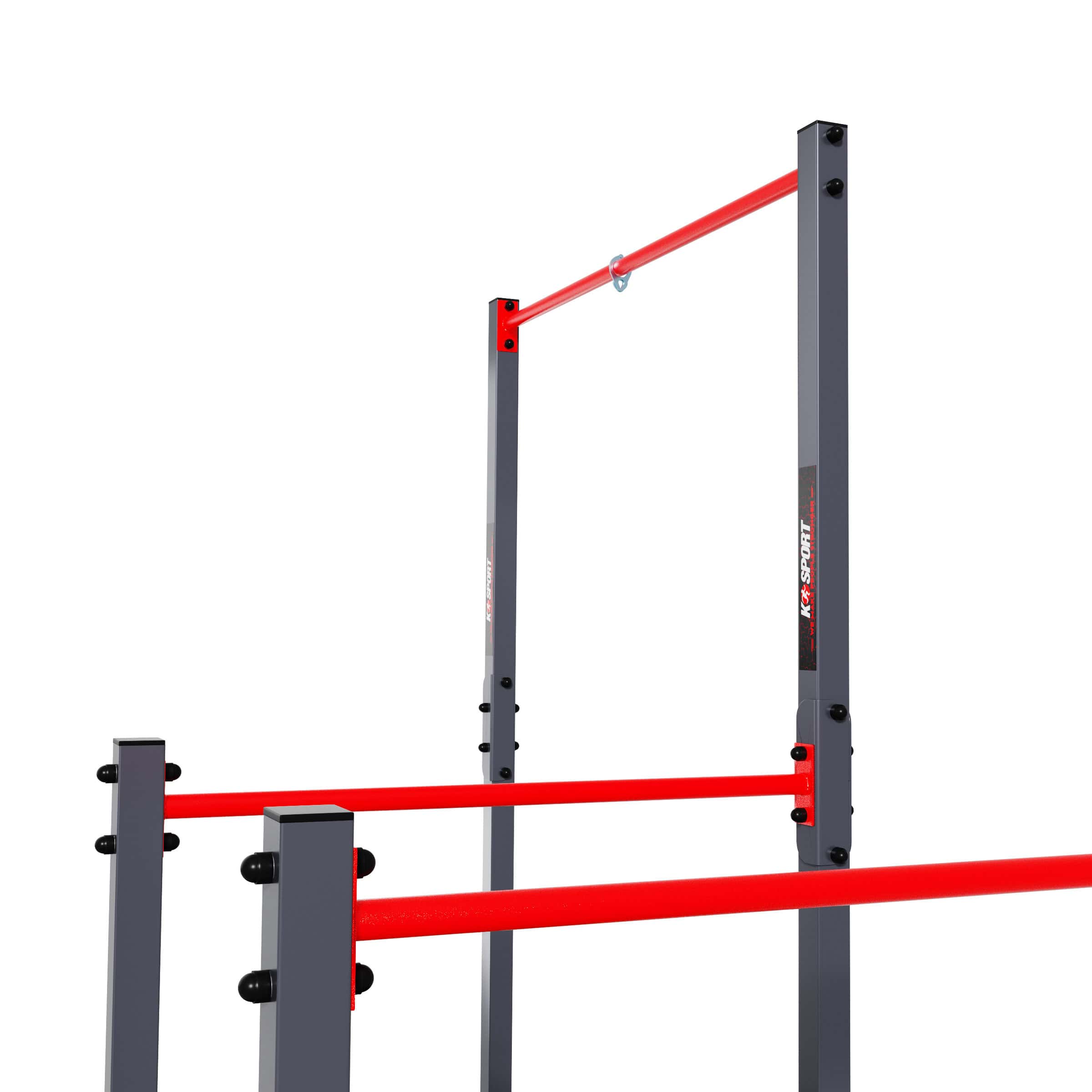 Outdoor pull-up bar and dip station in a backyard in front of a modern home – sturdy training equipment