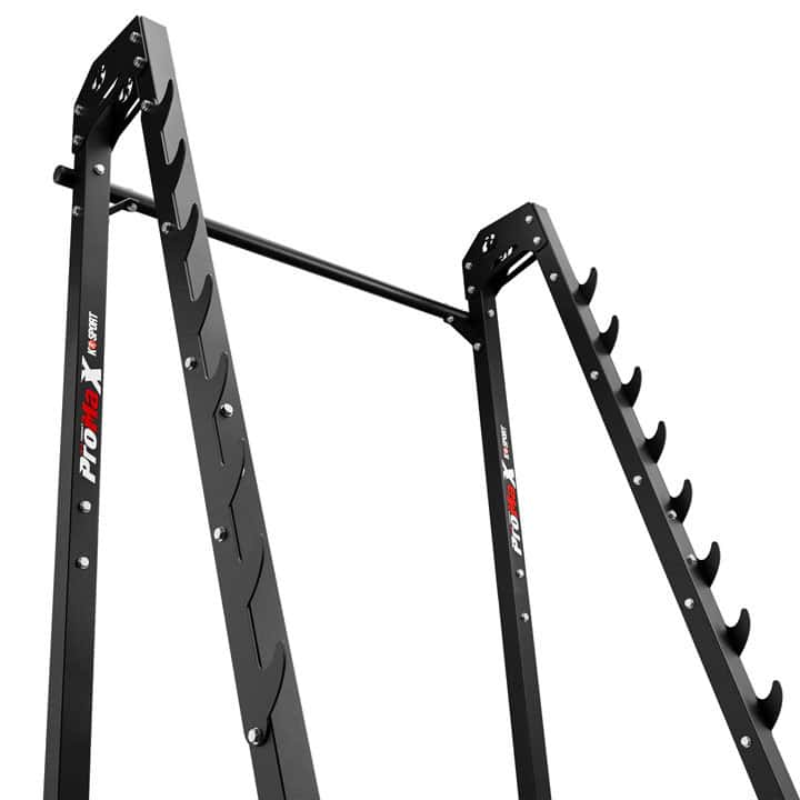 Detailed view of the sawtooth hook design on the Squat Rack & Bench Press allowing for multiple barbell height adjustments