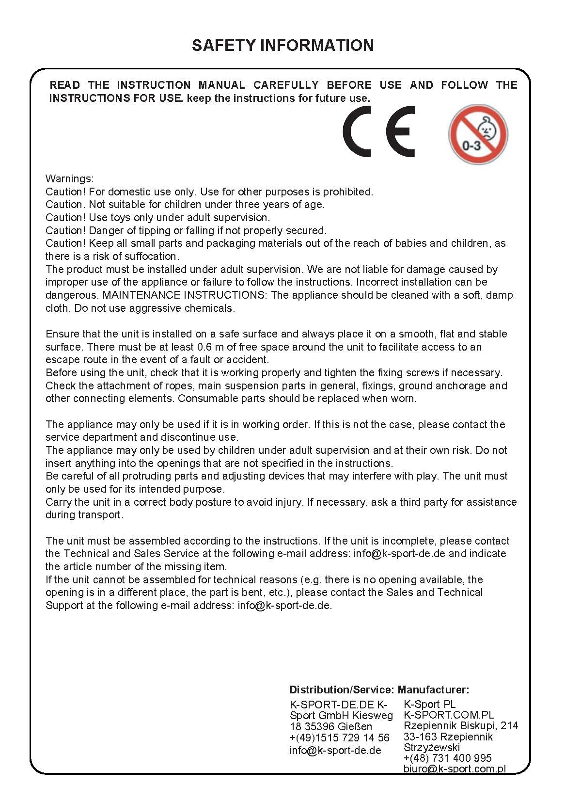 Safety information for swings